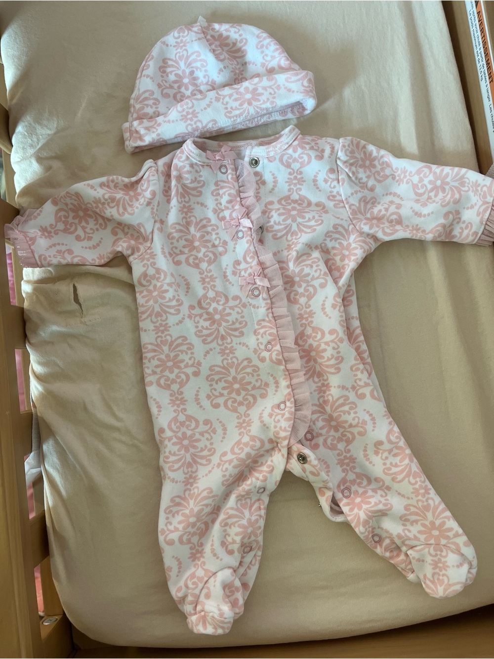 Little Me Pale Pink Damask Footie with Matching Hat